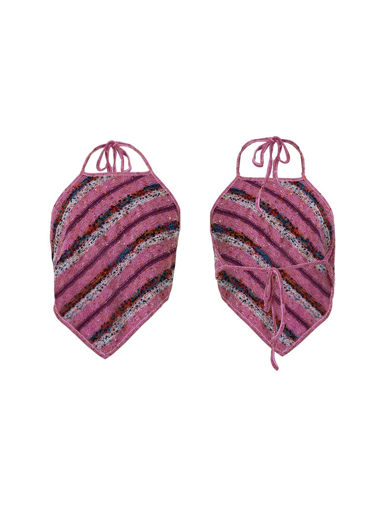 대조적 인 줄무늬 원사 니트 홀터 탱크 탑