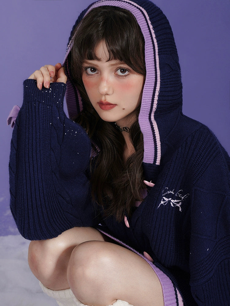 Line Design Hooded Knitted Cardigan & Cable Knitted Slip Dress