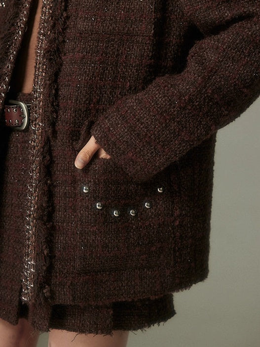 Nietglitter-Tweed-No-Kriechen-Jacke und Faltenrock