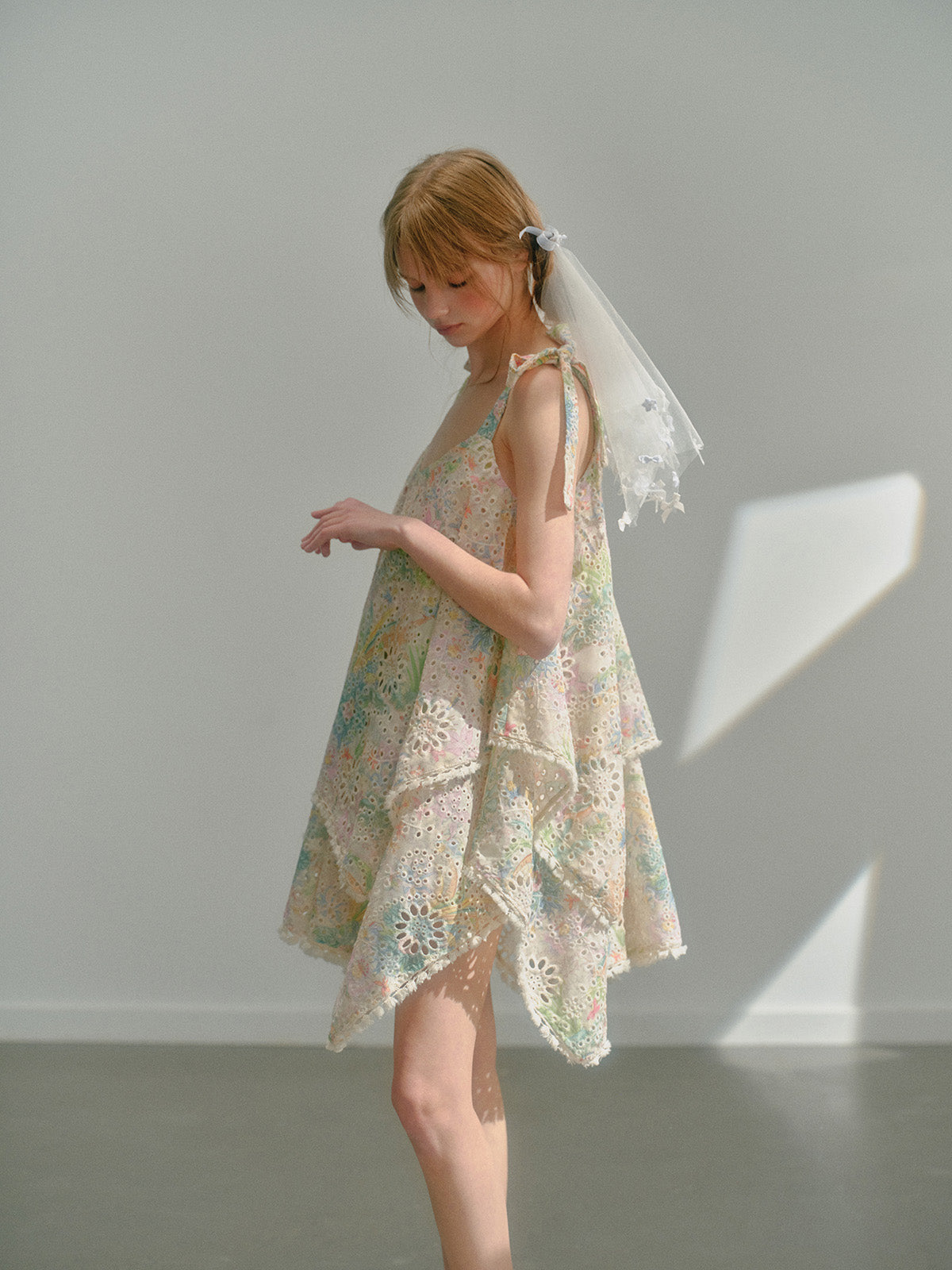 Colorful Print Cutwork Lace Loose Bow Dress