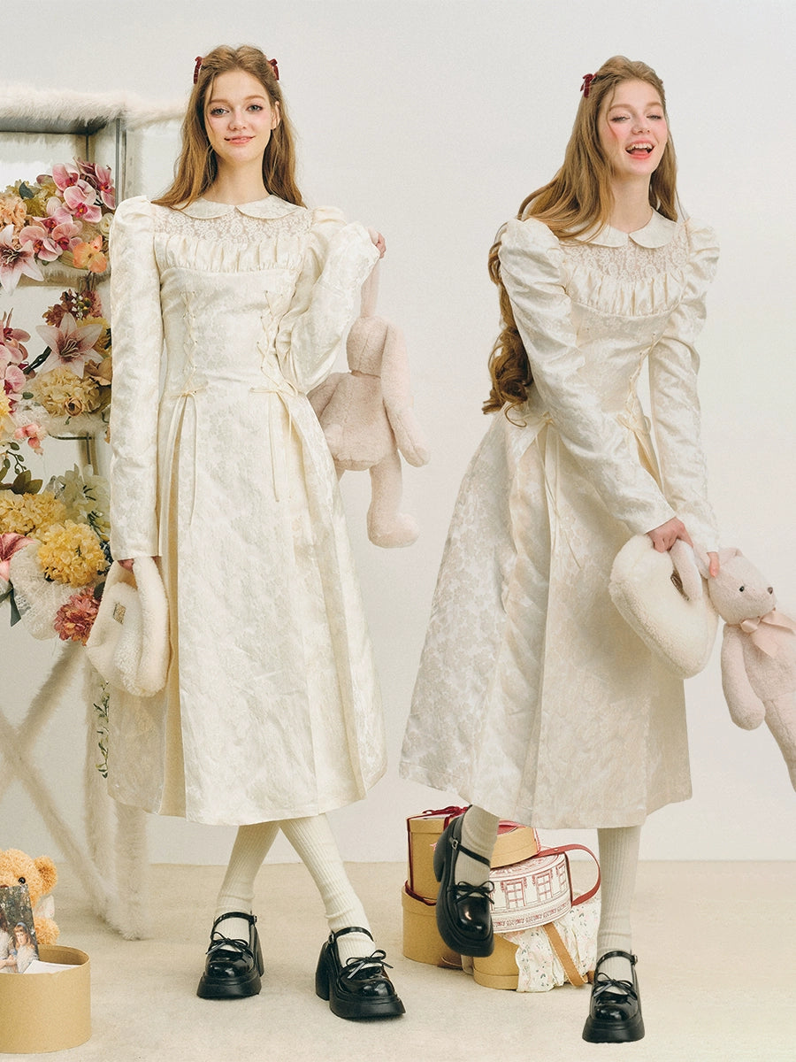 Jacquard Lace-Up Tuck Pleated Dress