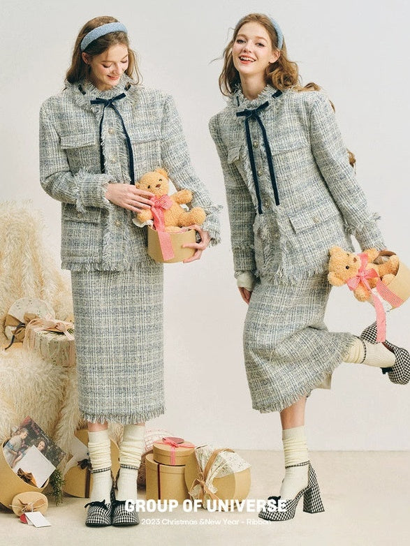 Loose Silhouette Tweed No-Collar Jacket & Mid-Length Skirt