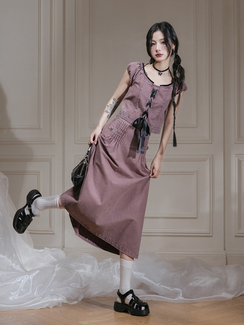 Washed Denim Lace-Up Top & A-Line Skirt Set-up