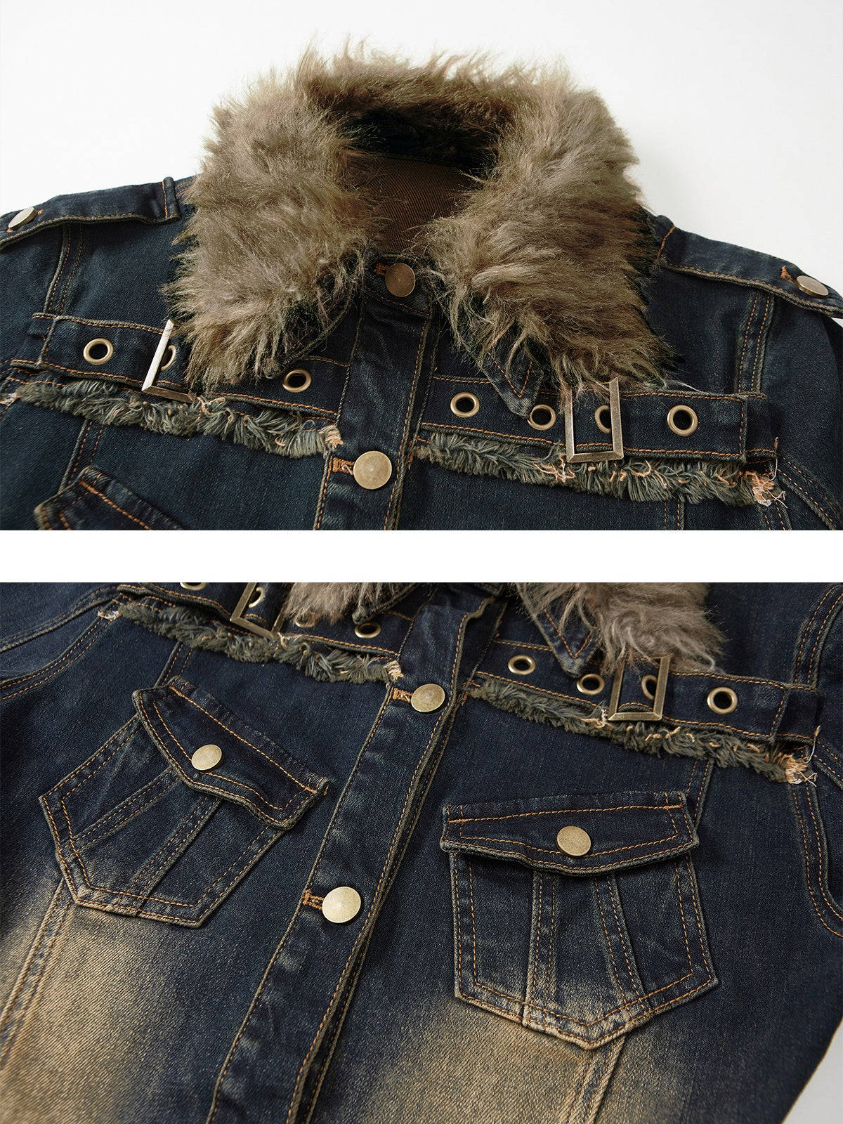 Fur Collar Washed And Distressed Slim Denim Dress