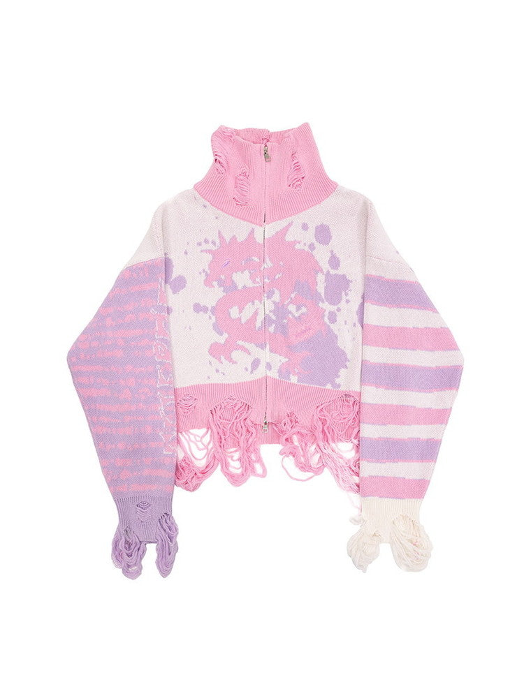 High-Neck Damage Border Punk Fancy Knit