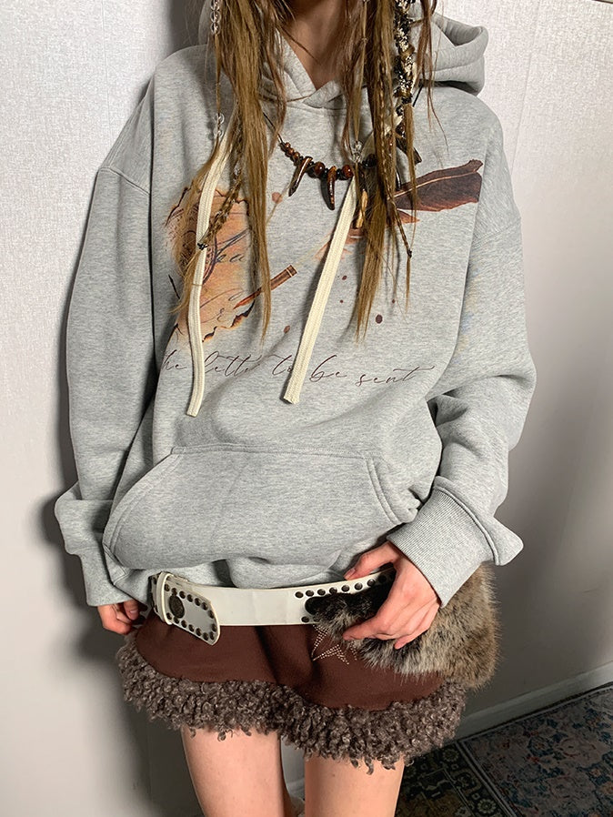 Printed Polar Fleece Lining Hooded Loose Sweat