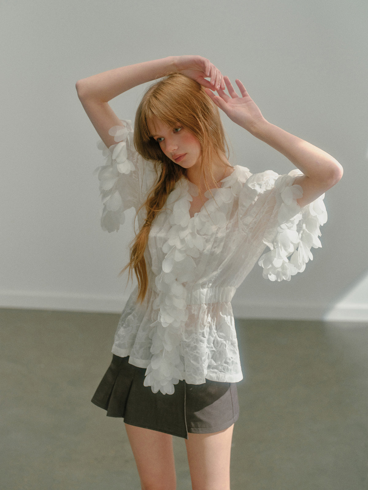 Fish Scale Lace Jacquard Puff Sleeve Short-sleeved Shirt