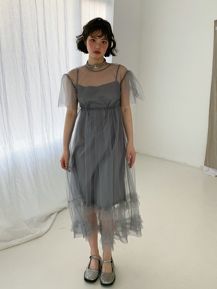 Mesh backless Strap Dress & Fairy Sling Skirt Set-UP