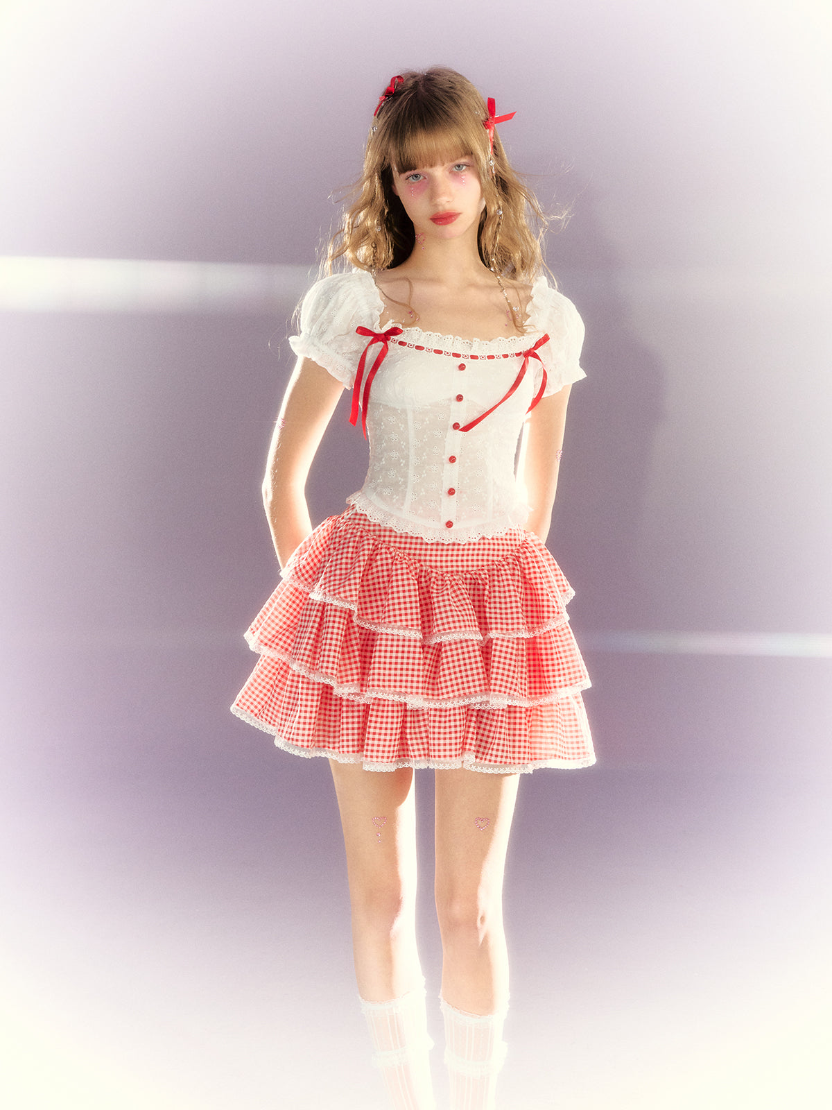 Lace Ribbon Puff Sleeve Top & Gingham Check Cake Skirt