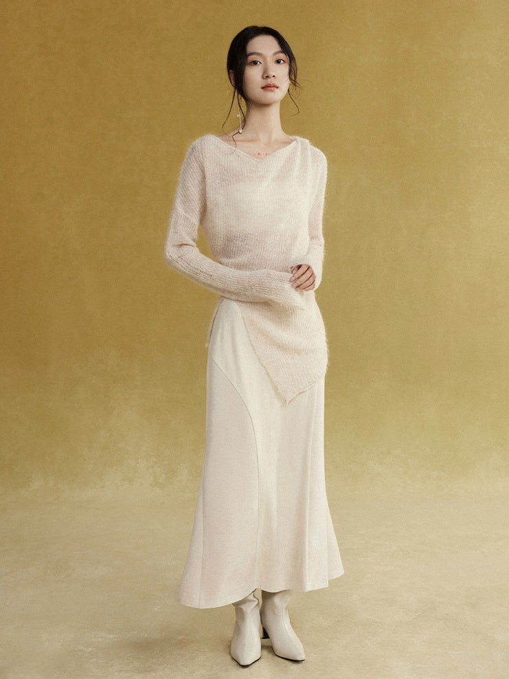 Fake Suede Curved Patchwork Skirt