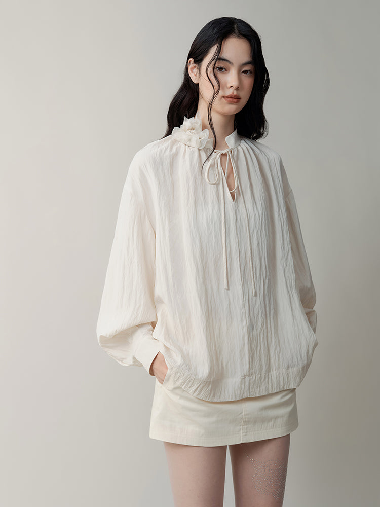 Mist Rose Stand Collar Tie Shirt