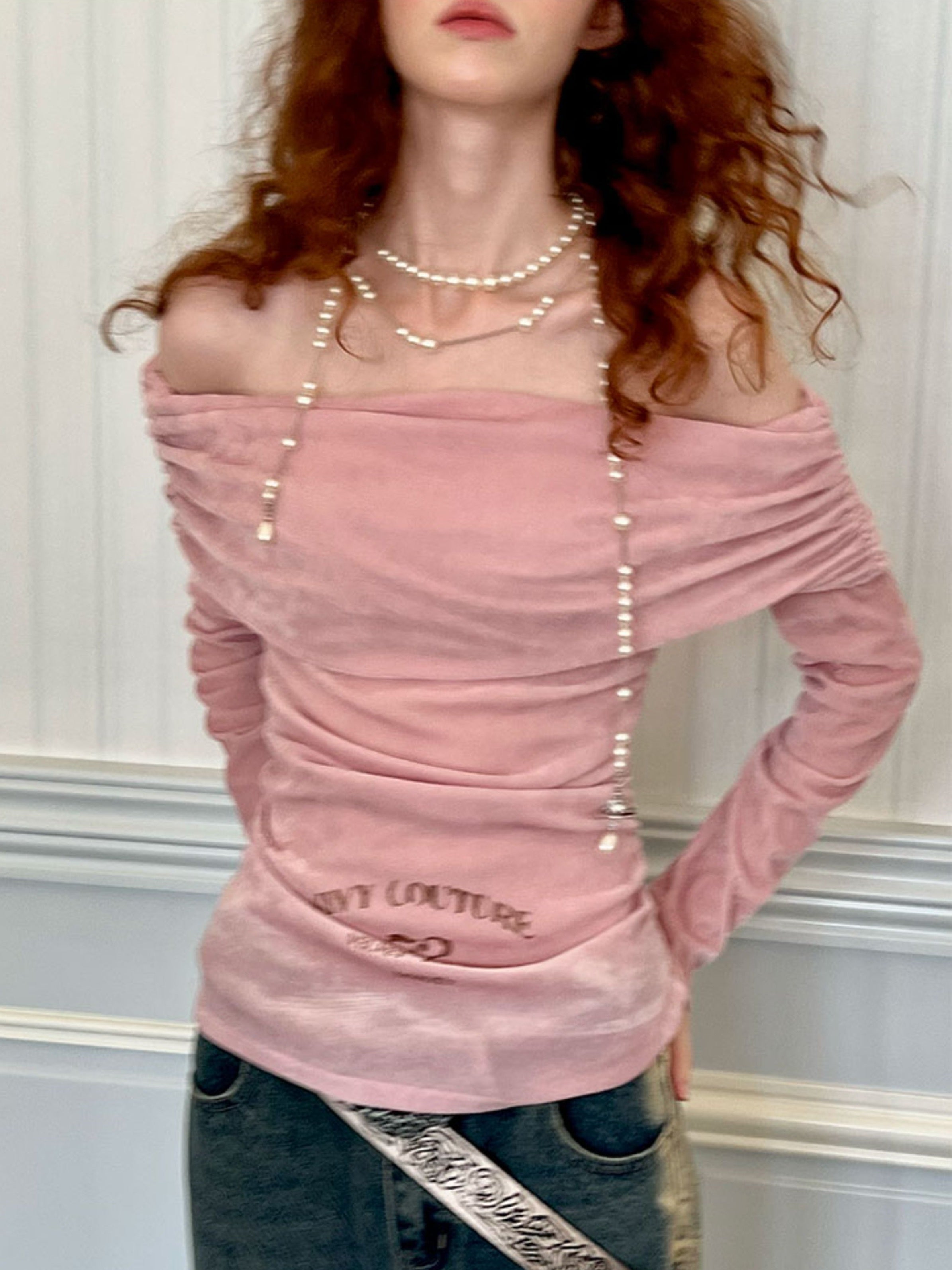 원라인 칼라 벨벳 프린트 스트레치 보텀 셔츠