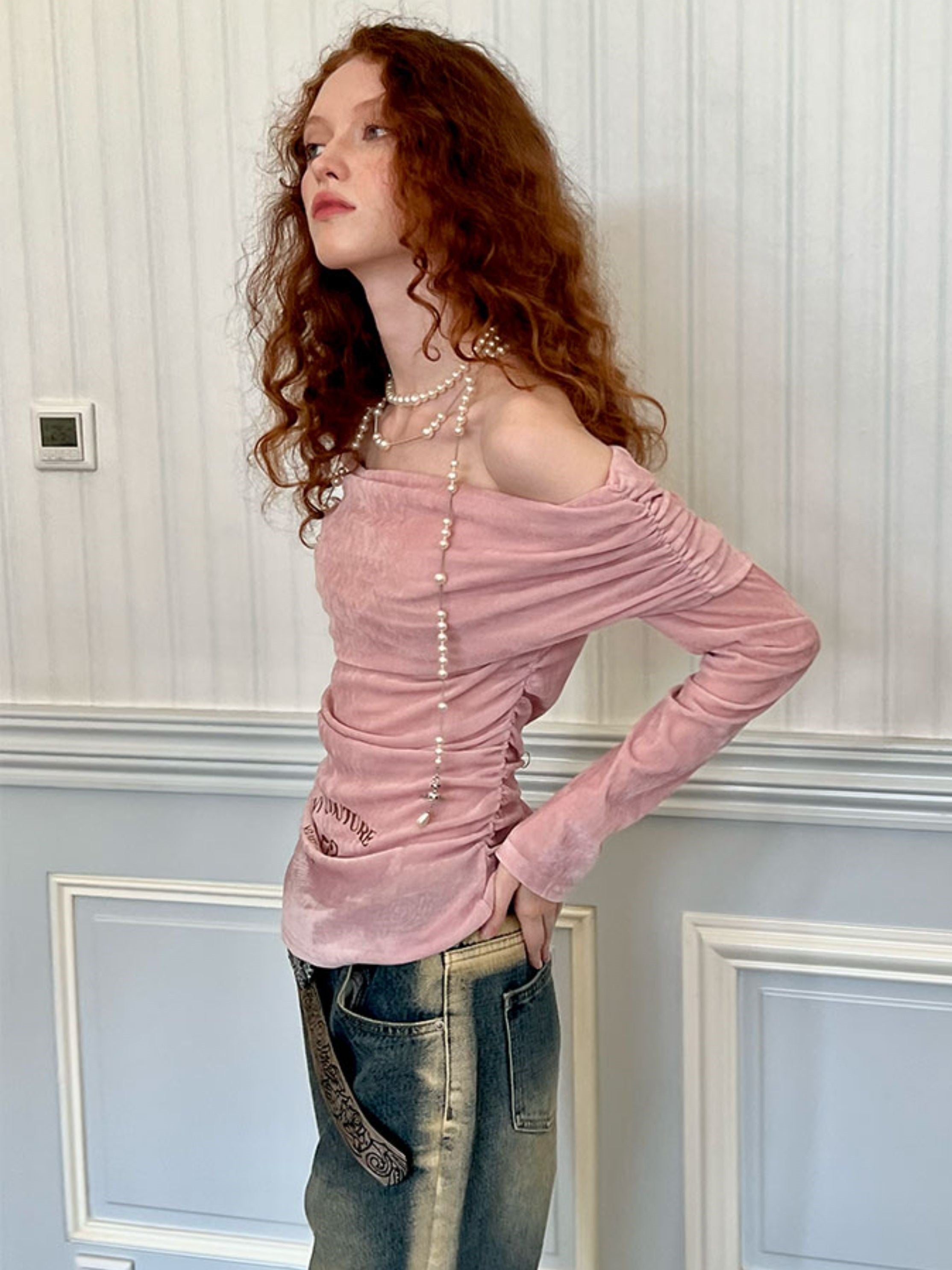 원라인 칼라 벨벳 프린트 스트레치 보텀 셔츠