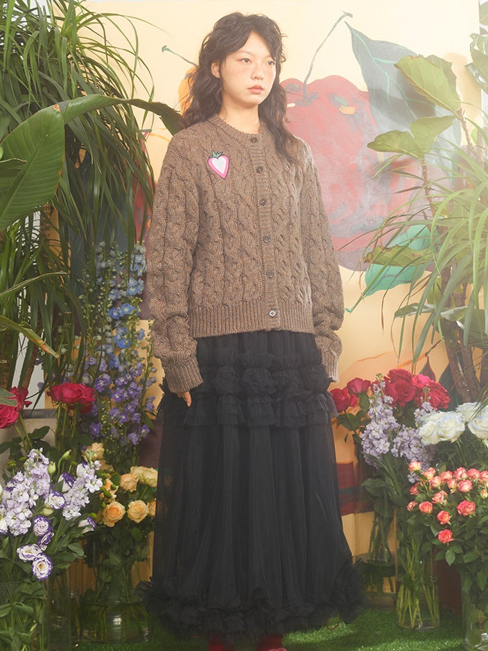 Love Strawberry Embroidered Cable Knitted Cardigan