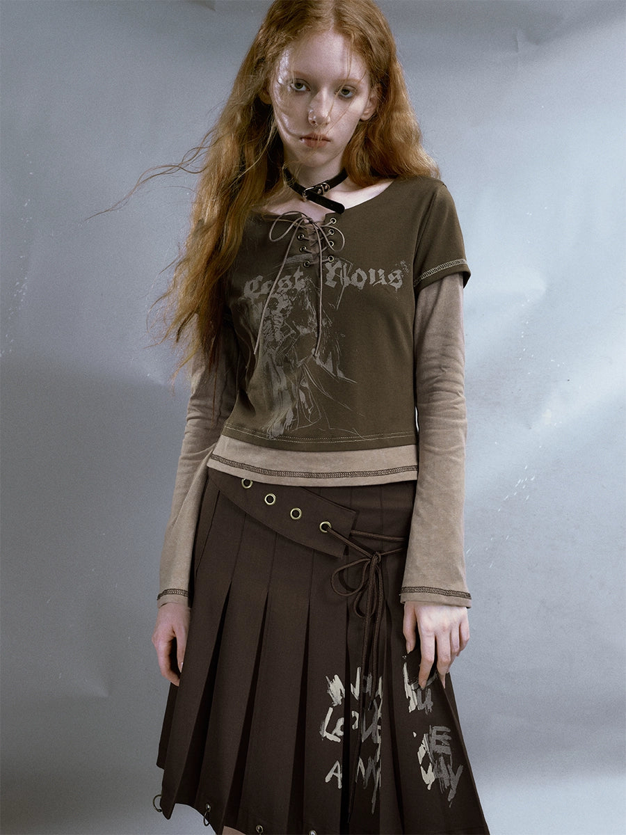 Fake 2Piece Lace-up Print Long T-Shirt