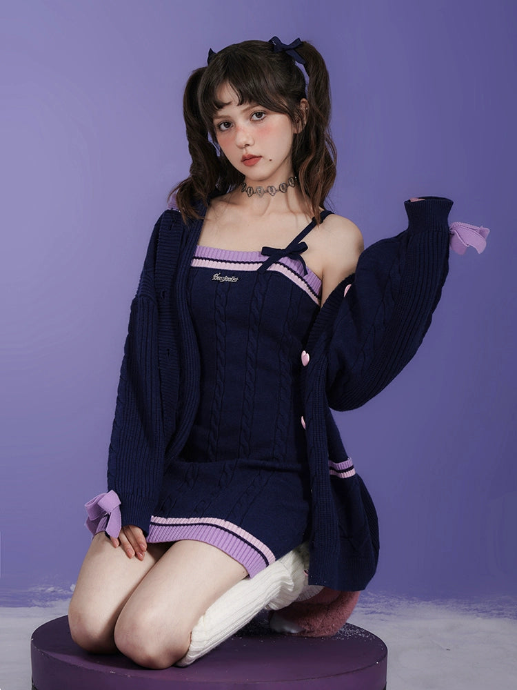 Line Design Hooded Knitted Cardigan & Cable Knitted Slip Dress