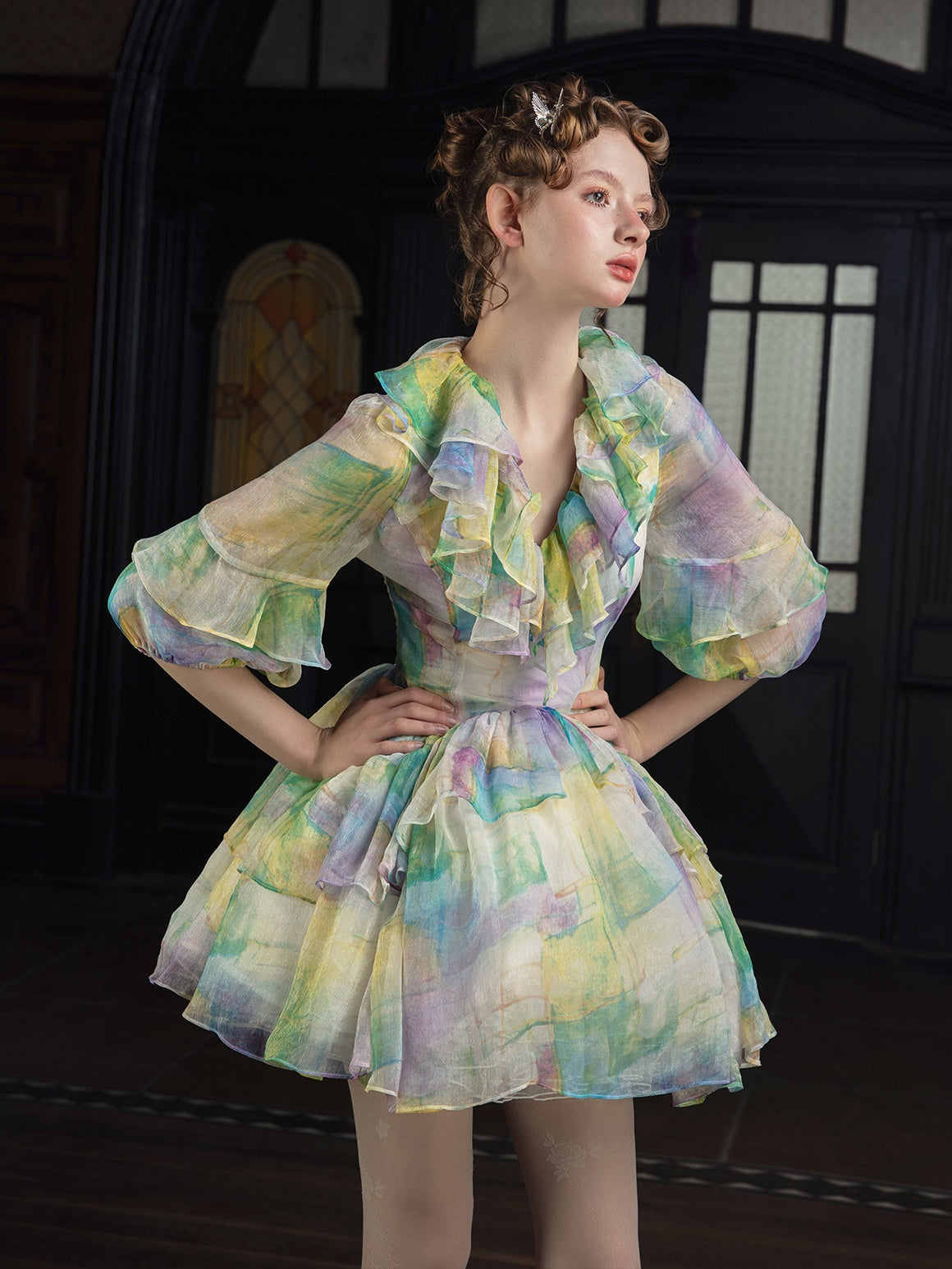 V-neck Frill Short Dress & Pannier