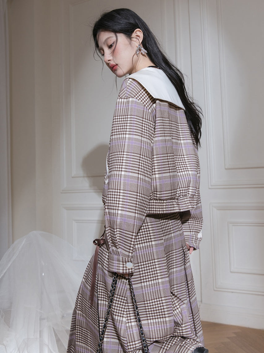 Navy Collar Plaid Short Jacket & A-Line Pleated Skirt