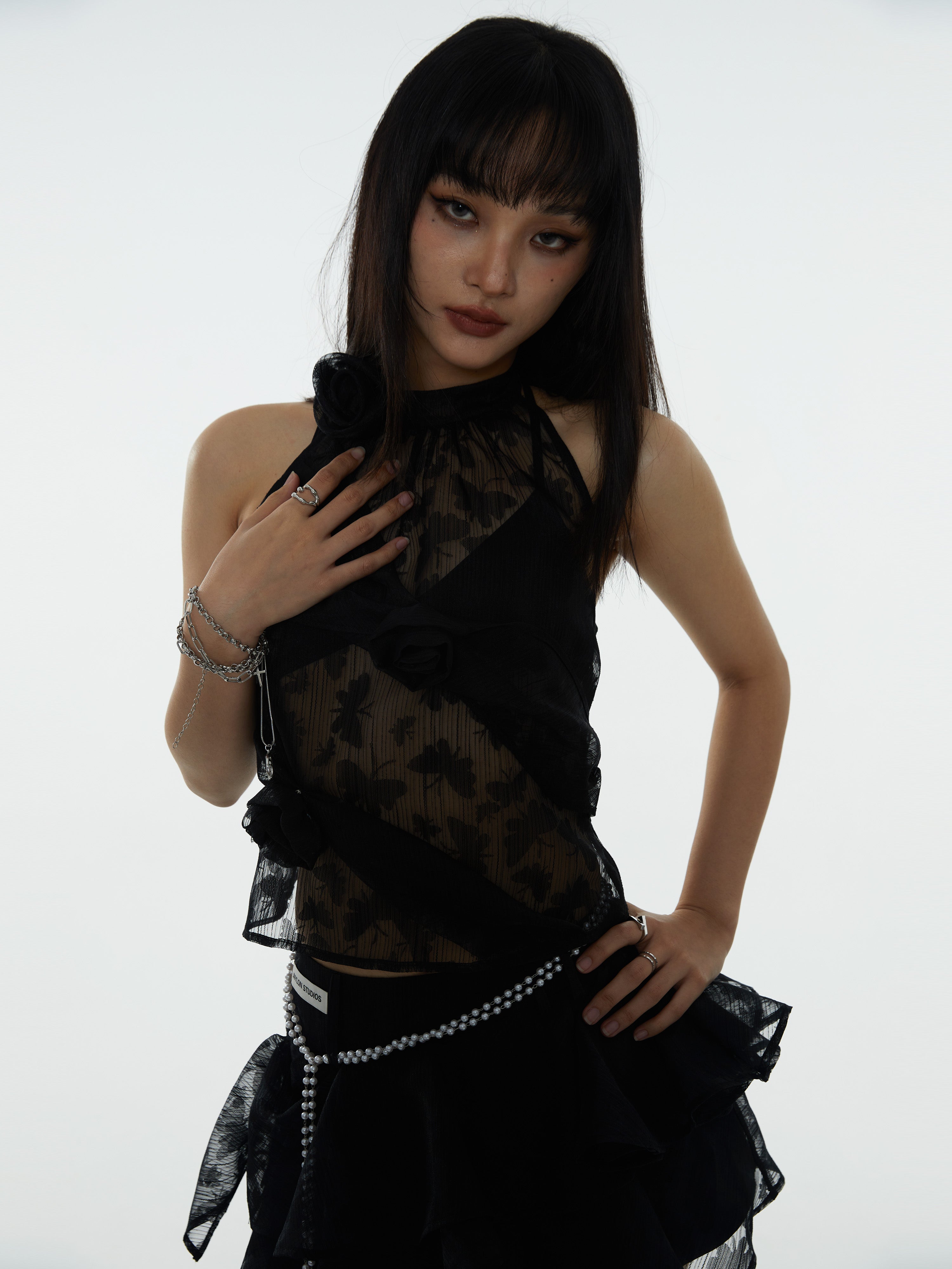 Rose Butterfly Jacquard See-through Hanging Neck Top