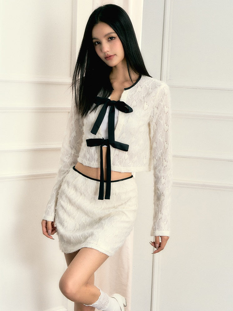 Feather Lace Bowknot Jacket & Skirt
