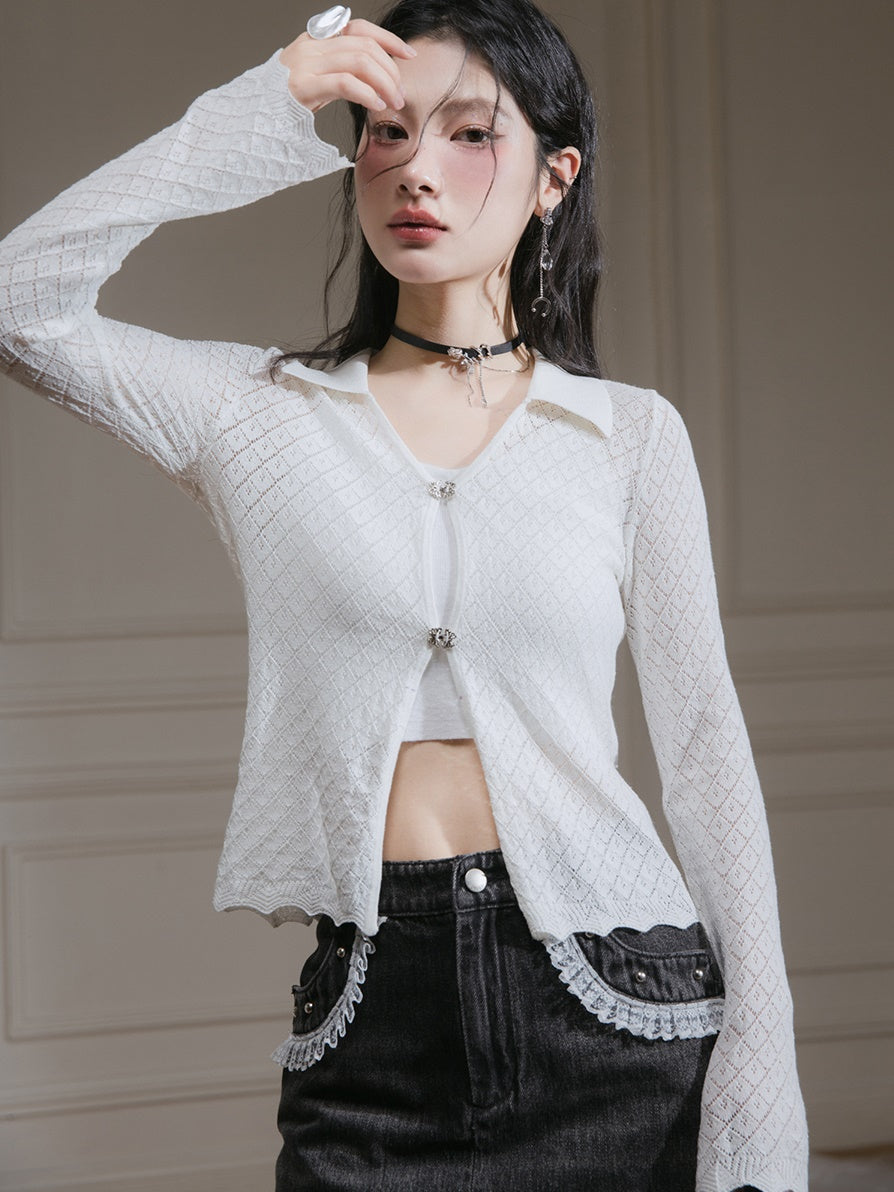 Hollow Short Knitted Cardigan & Camisole Set-up