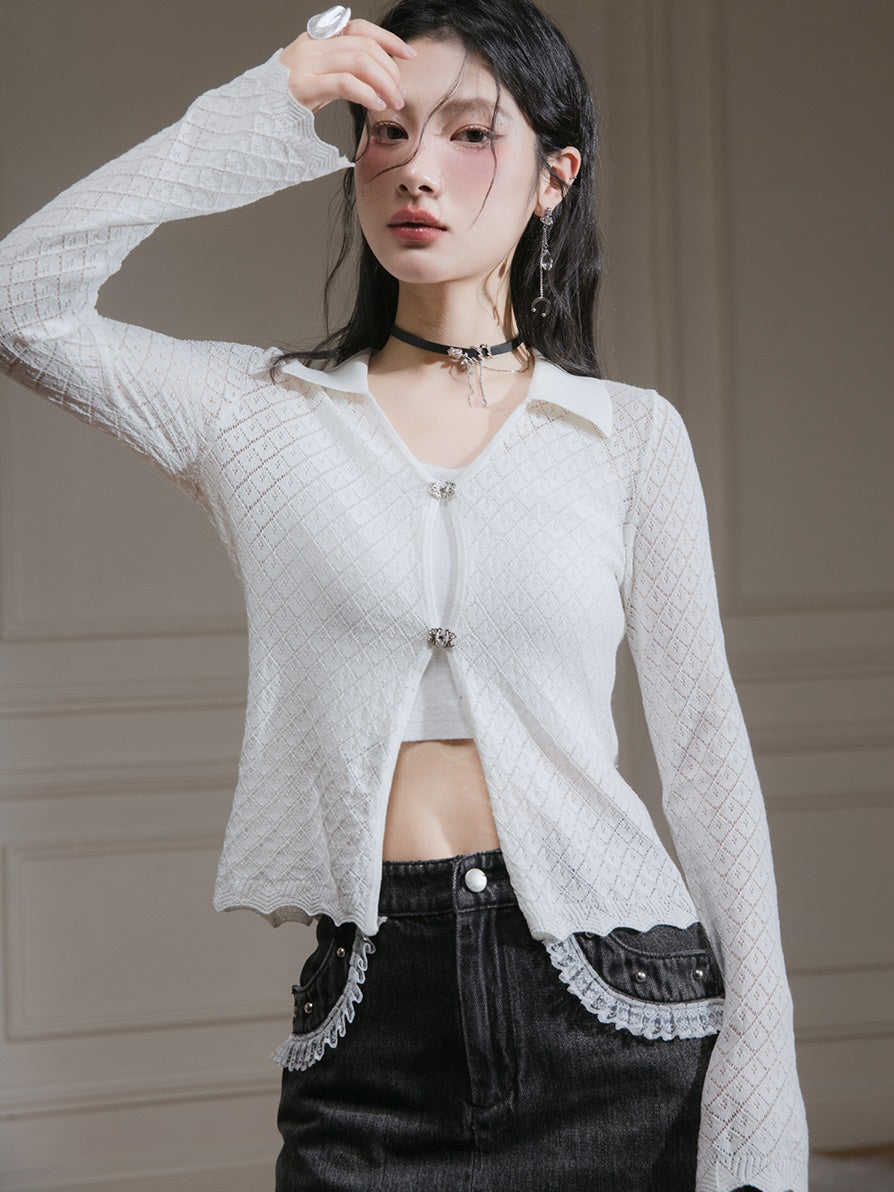 Hollow Short Knitted Cardigan ＆ Camisole Set-up