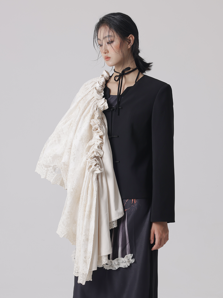 Detachable Lace V-neck Jacket & Slit Skirt