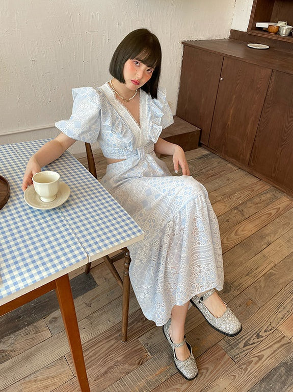 Hollow Lace Puff Sleeves Waistless Dress