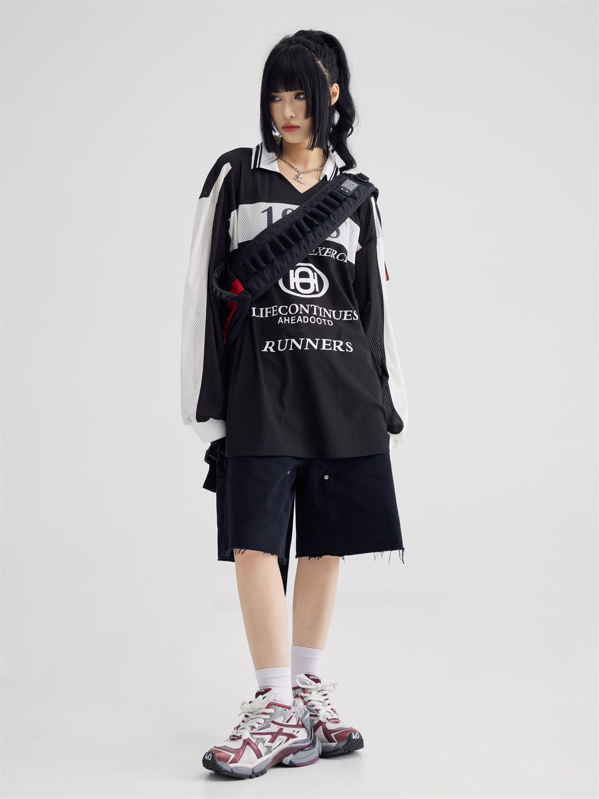 Polo Collar Mesh Print Long-sleeved T-shirt