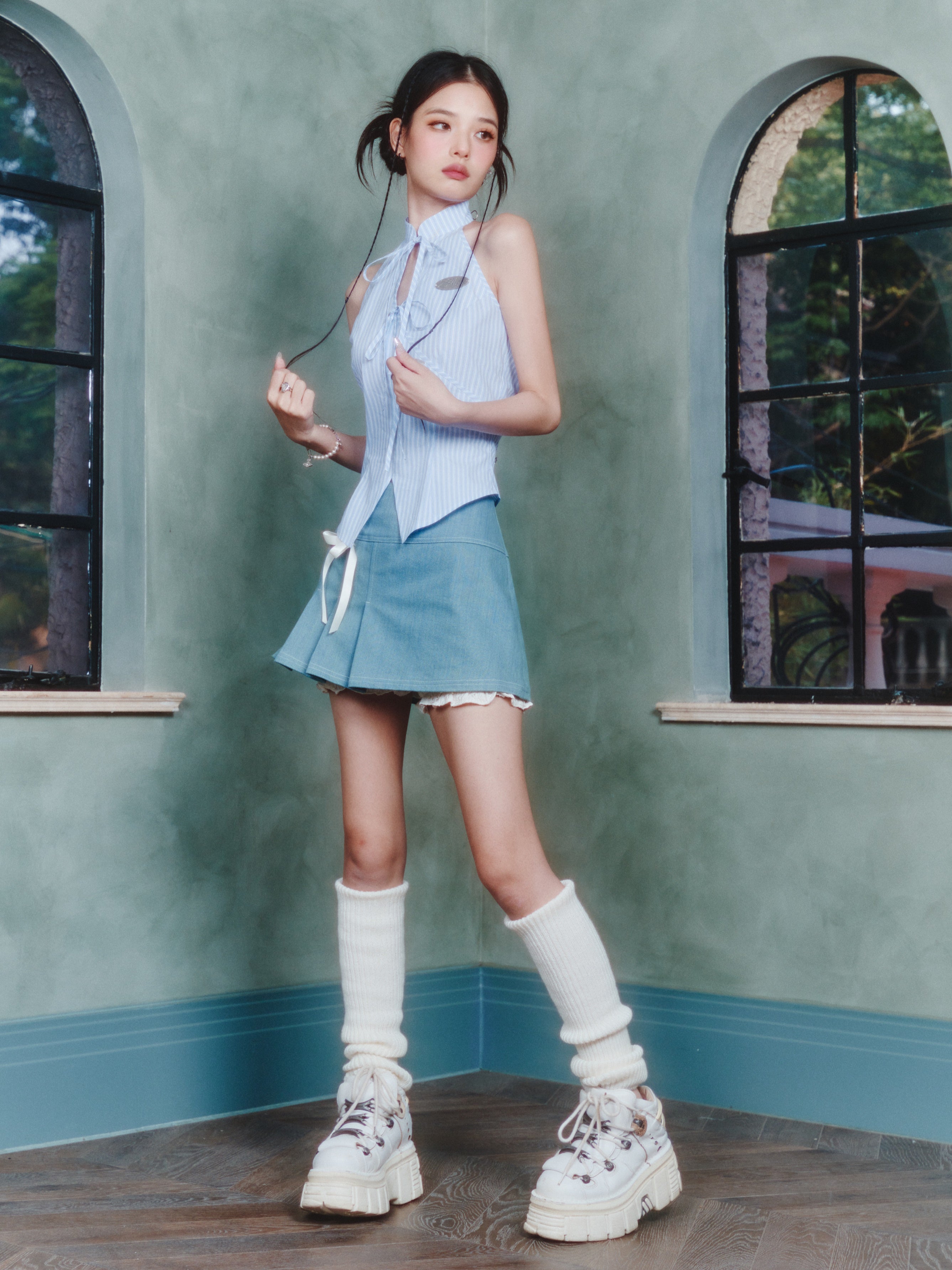 Striped Hollow Open Back Sleeveless Cheongsam Top