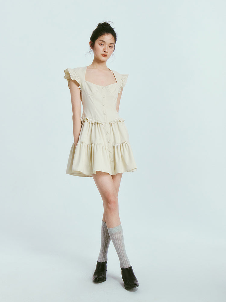 Square Neck Flying Sleeve Gather One-piece