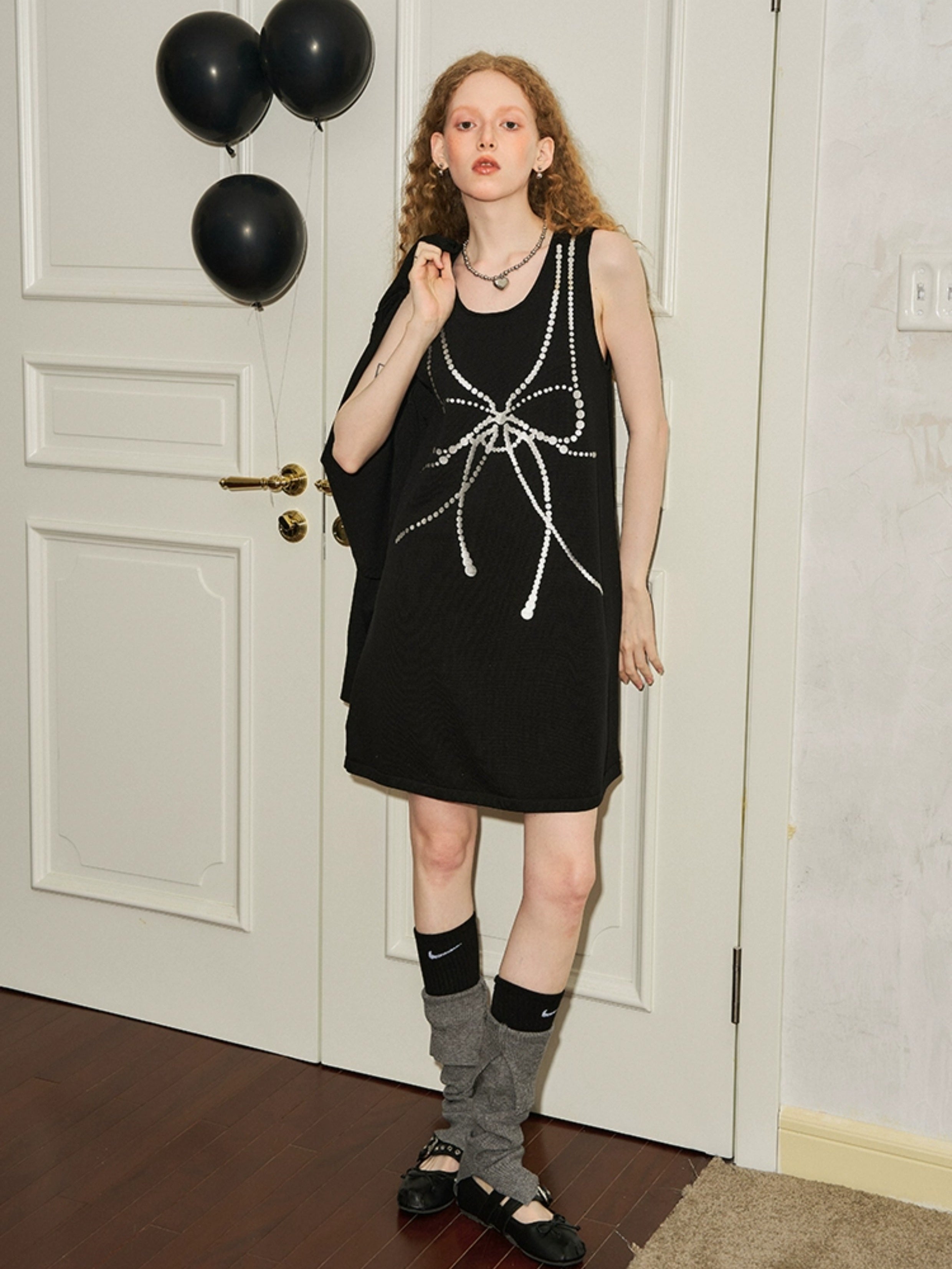 Bow Pearl Print Sleeveless One-piece