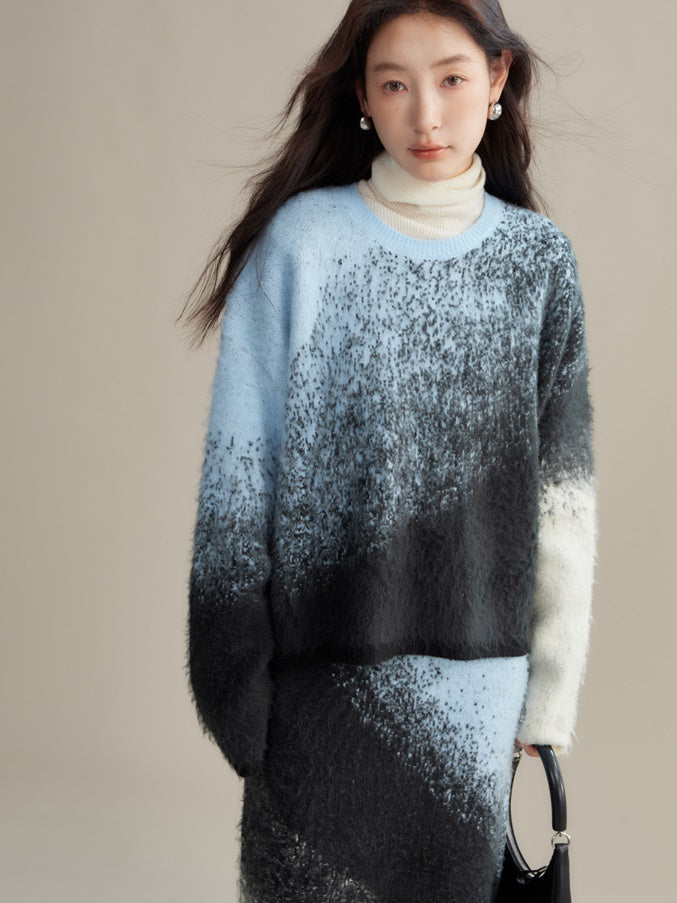 Gradient Color Sweater & Knitted Long Skirt