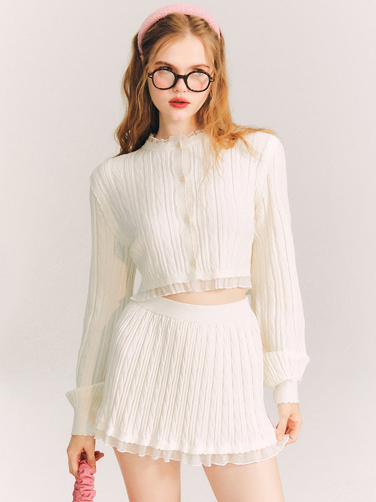 레이스 트리밍 케이블 니트 가디건 & 스커트