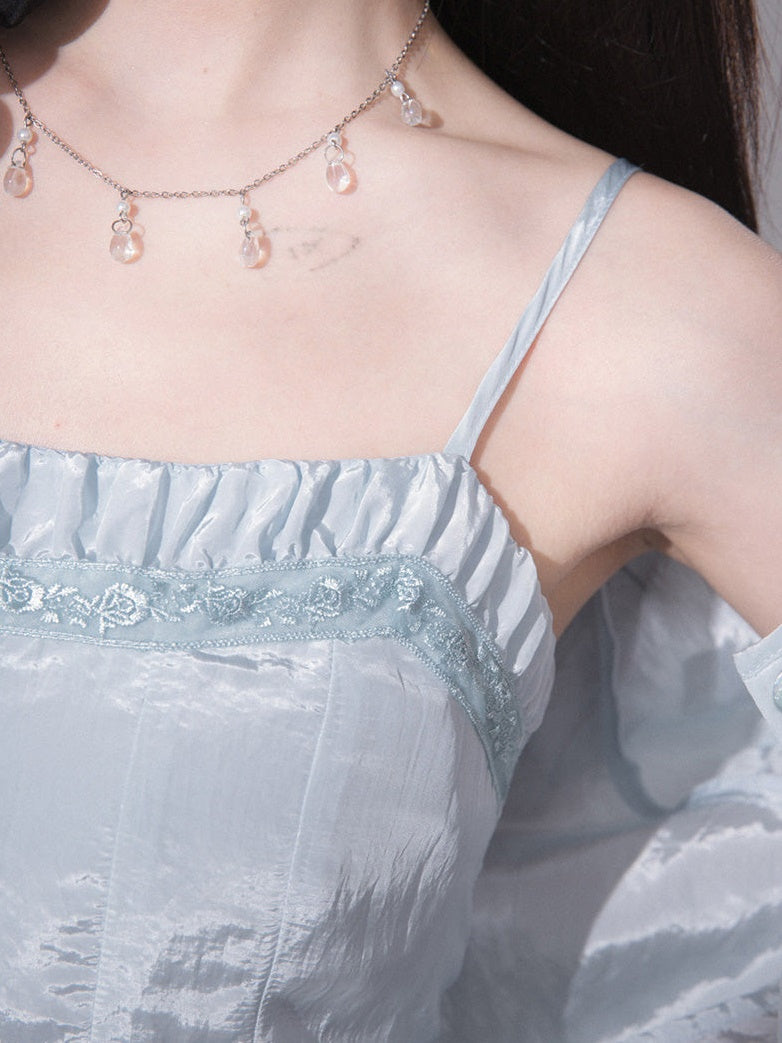 Glossy Drawstring Shirt & Slip Long Dress