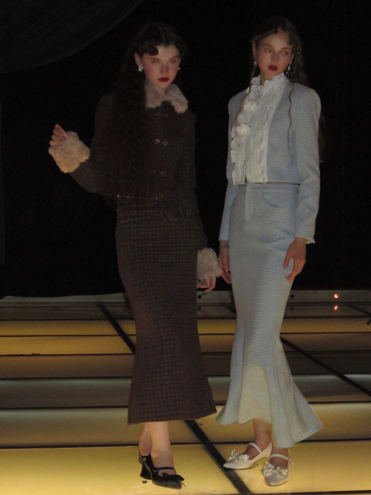 Pleated Ruffled Switching Tweed Touch Jacket & Mermaid Skirt