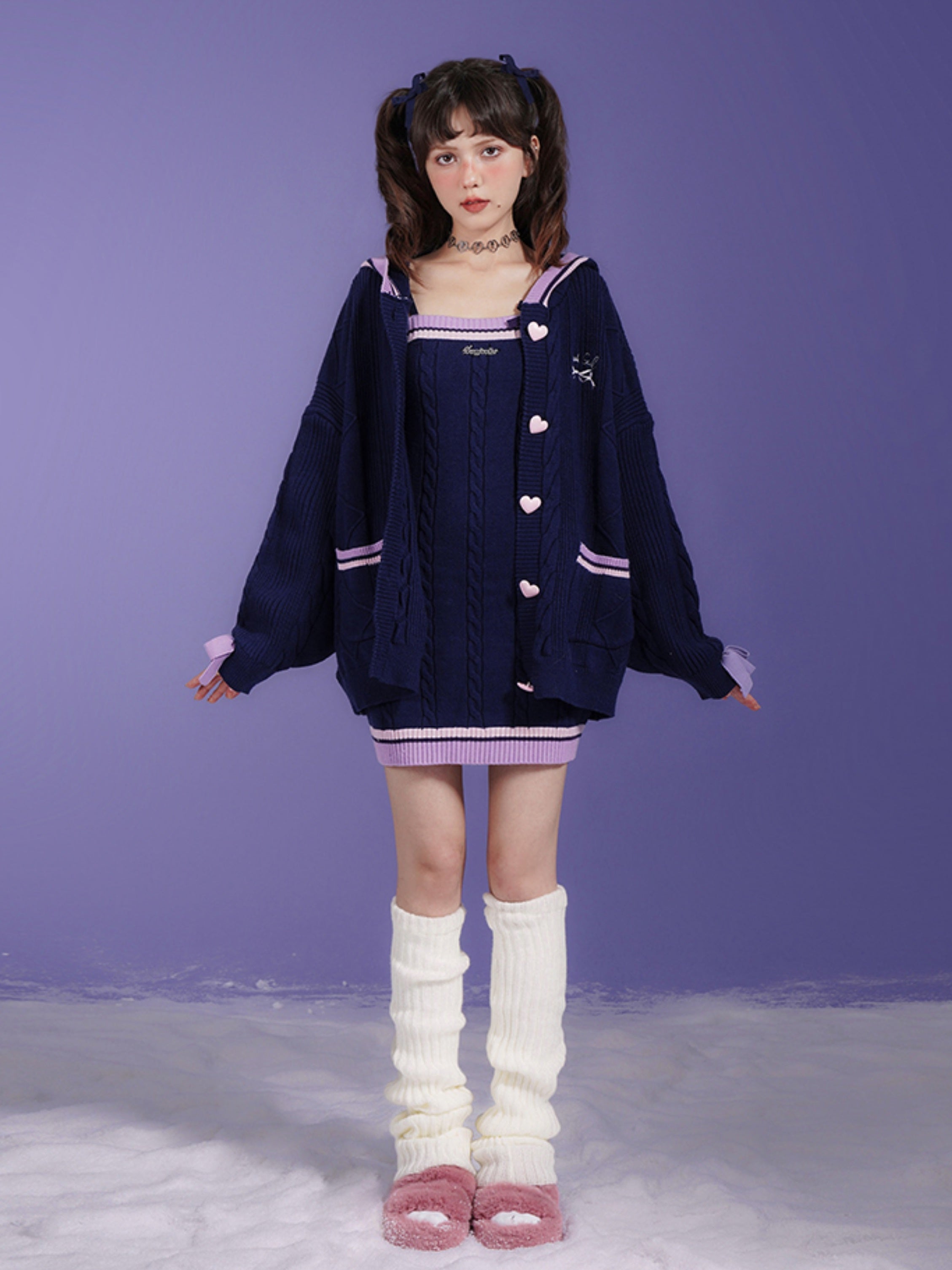 Line Design Hooded Knitted Cardigan & Cable Knitted Slip Dress