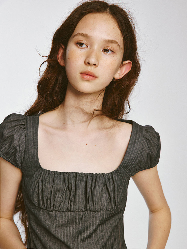 Striped Square-Neck Puff Sleeve Top & A-Line Mini Skirt
