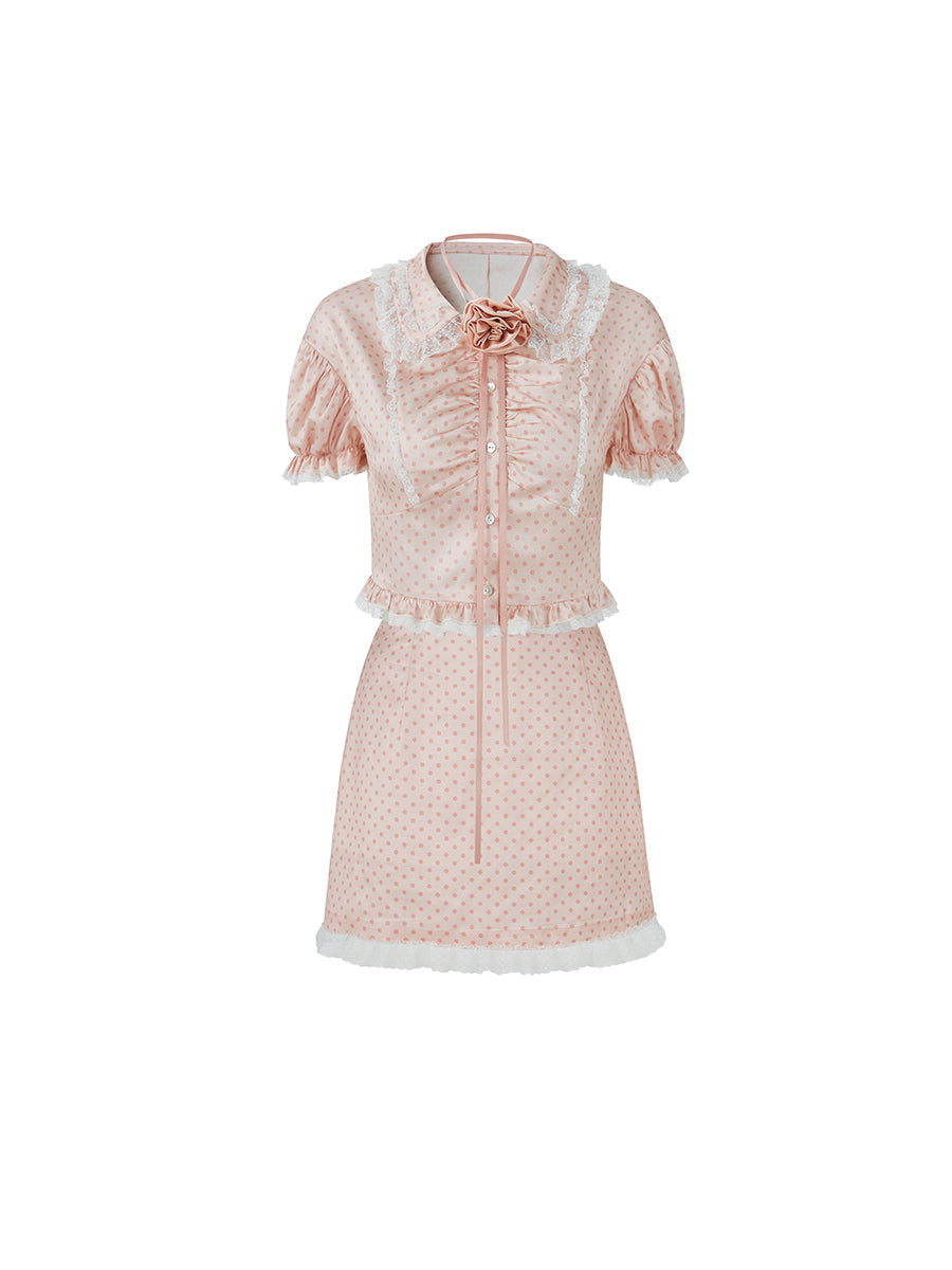 Dot Puff Sleeve Shirt & Lace Stitch Mini Skirt