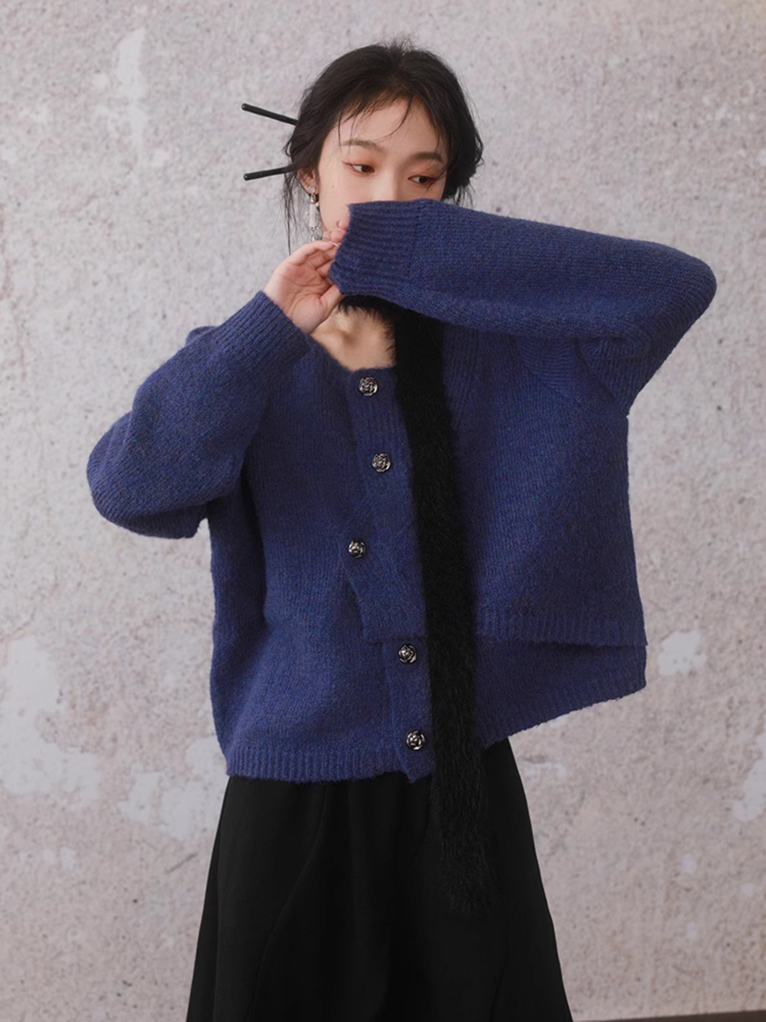 Irregular Button Round Neck Knitted Cardigan