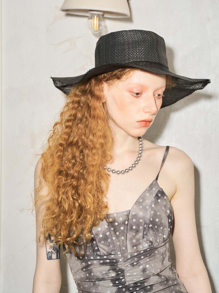 Large Brim Metal Label Woven Hat