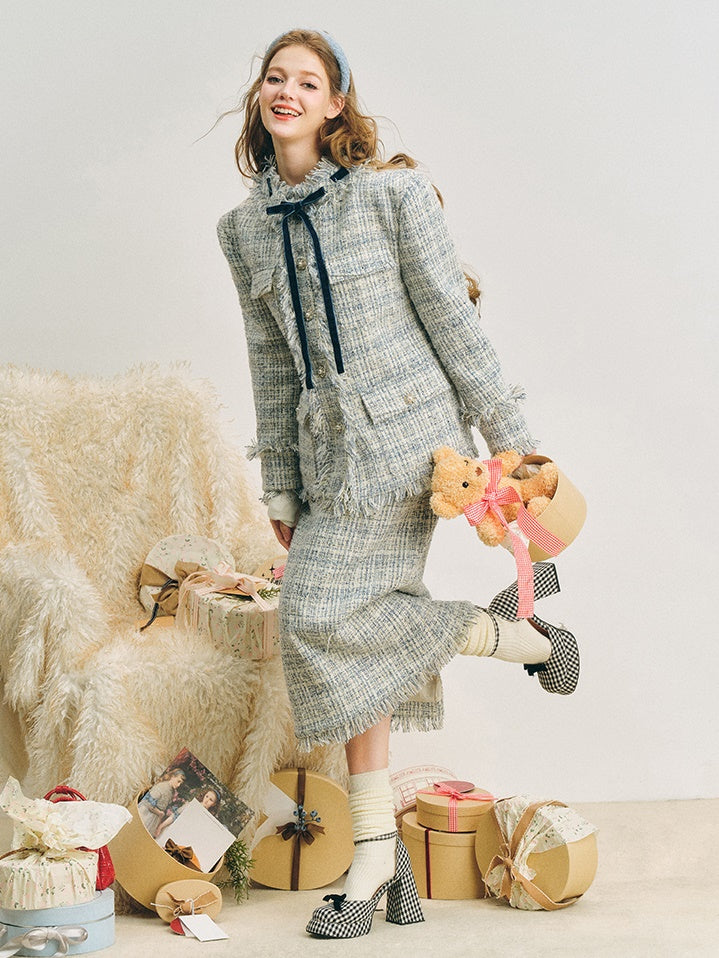 Loose Silhouette Tweed No-Collar Jacket & Mid-Length Skirt
