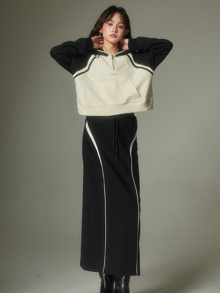 Halbzip mit Kapuze-Schweißpullover & Linienrock