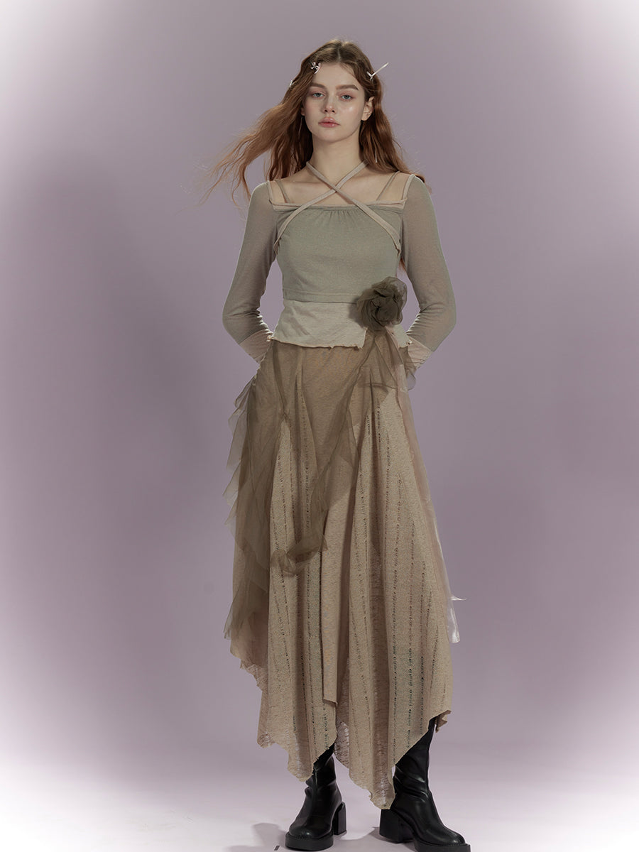 Rose Brooch Sling One-Piece & Lace-Up Top