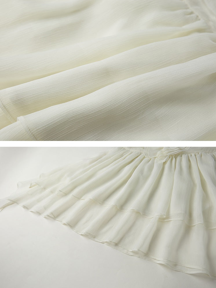 Ruffled Lace Stitching Pleated V-neck Sleeveless Dress