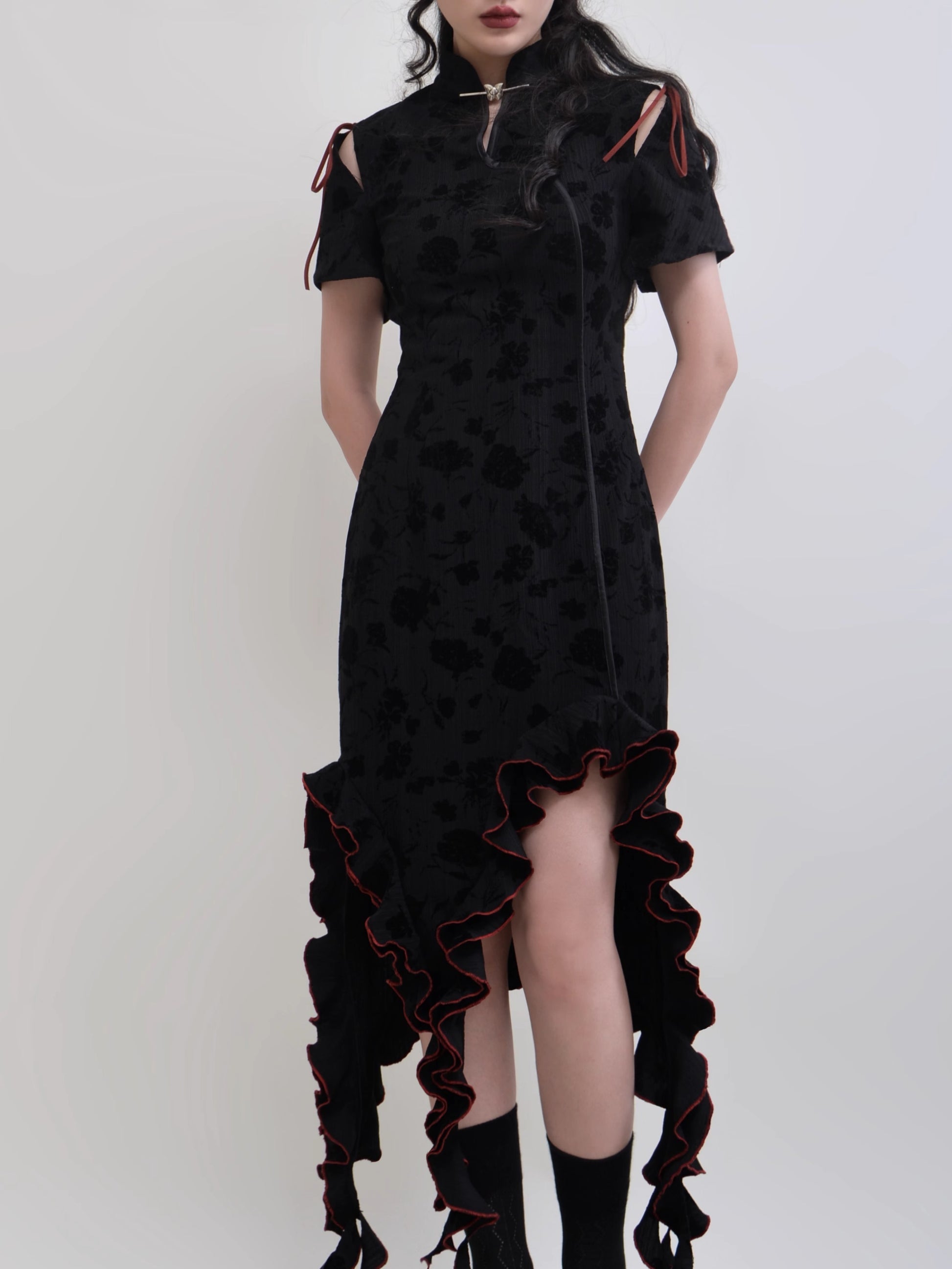 New Chinese Style Color Trim Irregular Frill Dress