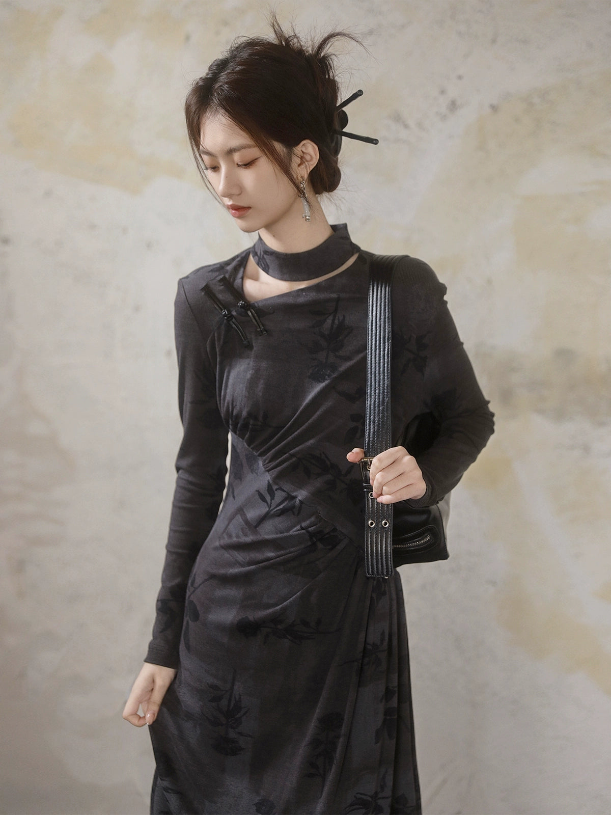 중국 스타일 인쇄 슬림 한 긴팔 드레스