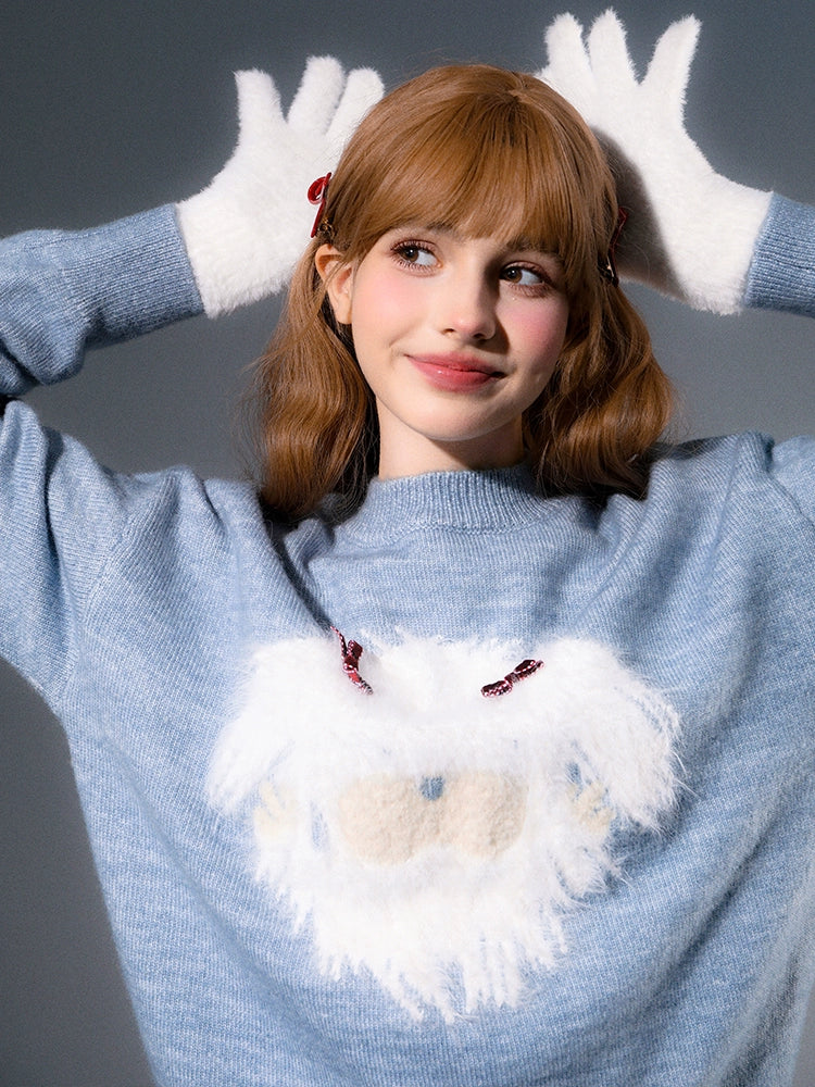 Crew Hals süßer Welpe -Hoop -Strickpullover