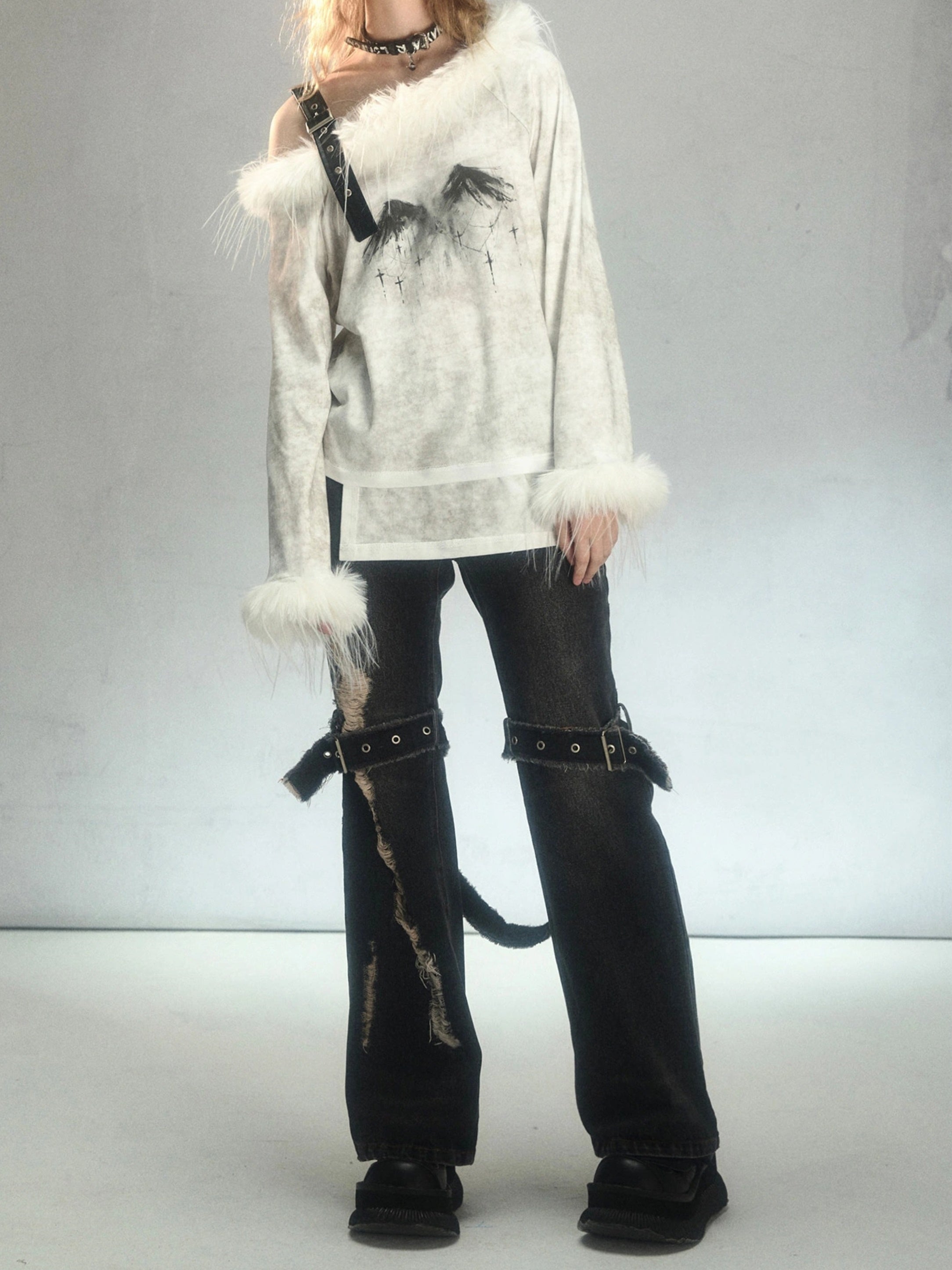 Punk Raw Edge Ripped Holes Flared Denim Trousers