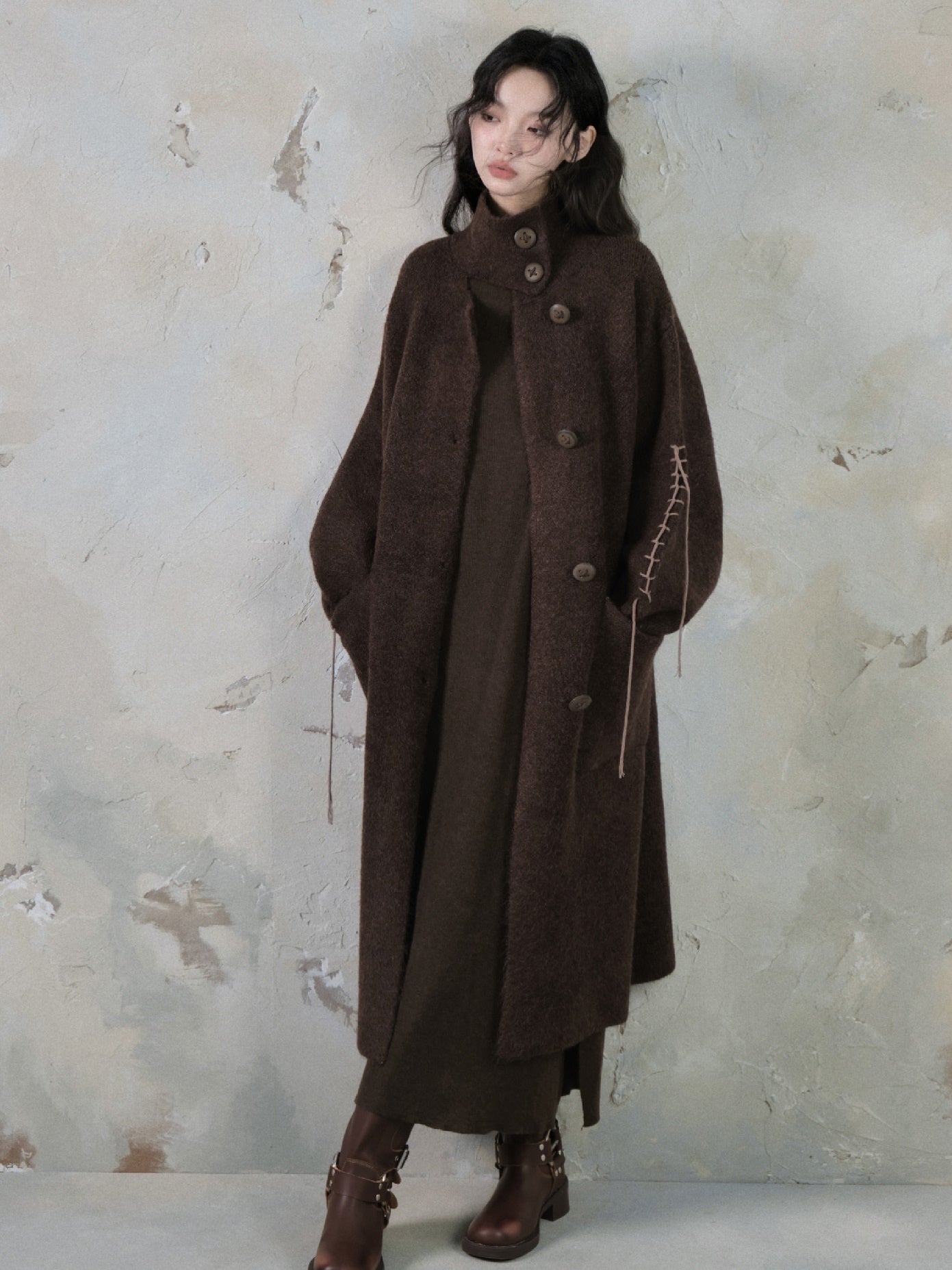 High-Neck Loose Long Soft Waxy Coat